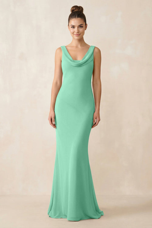 Cowl Neck Sheath Chiffon Bridesmaid Dress in Turquoise - KISS BRIDAL Bridesmaid Dresses