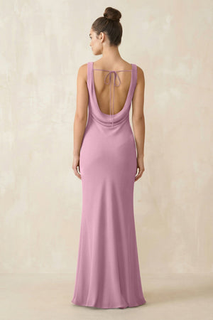 Cowl Neck Sheath Chiffon Bridesmaid Dress in Vintage Mauve - KISS BRIDAL Bridesmaid Dresses