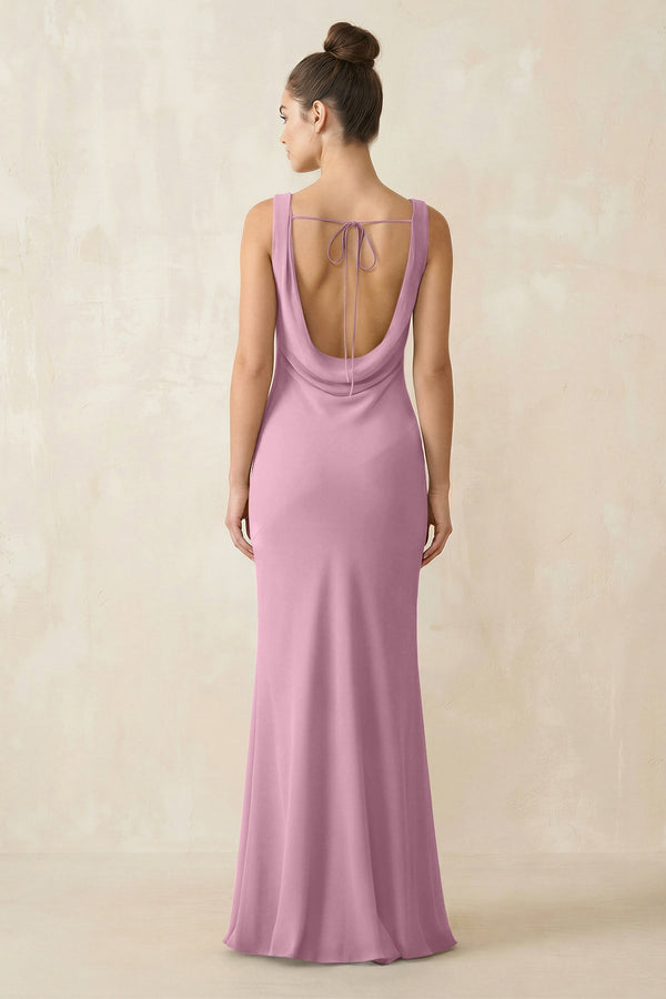 Cowl Neck Sheath Chiffon Bridesmaid Dress in Vintage Mauve - KISS BRIDAL Bridesmaid Dresses