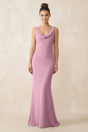 Cowl Neck Sheath Chiffon Bridesmaid Dress in Vintage Mauve - KISS BRIDAL Bridesmaid Dresses