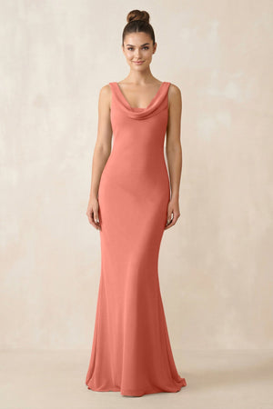 Cowl Neck Sheath Chiffon Bridesmaid Dress in Wild Rose - KISS BRIDAL Bridesmaid Dresses