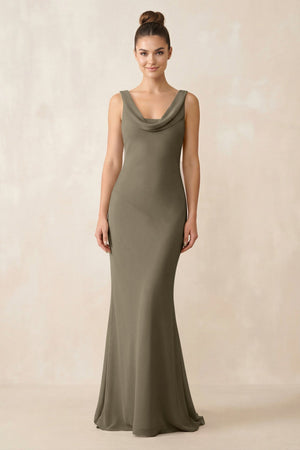 Cowl Neck Sheath Chiffon Bridesmaid Dress in Willow Green - KISS BRIDAL Bridesmaid Dresses