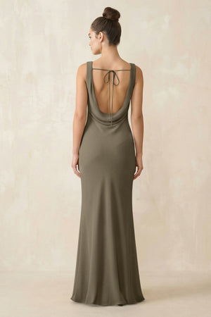 Cowl Neck Sheath Chiffon Bridesmaid Dress in Willow Green - KISS BRIDAL Bridesmaid Dresses