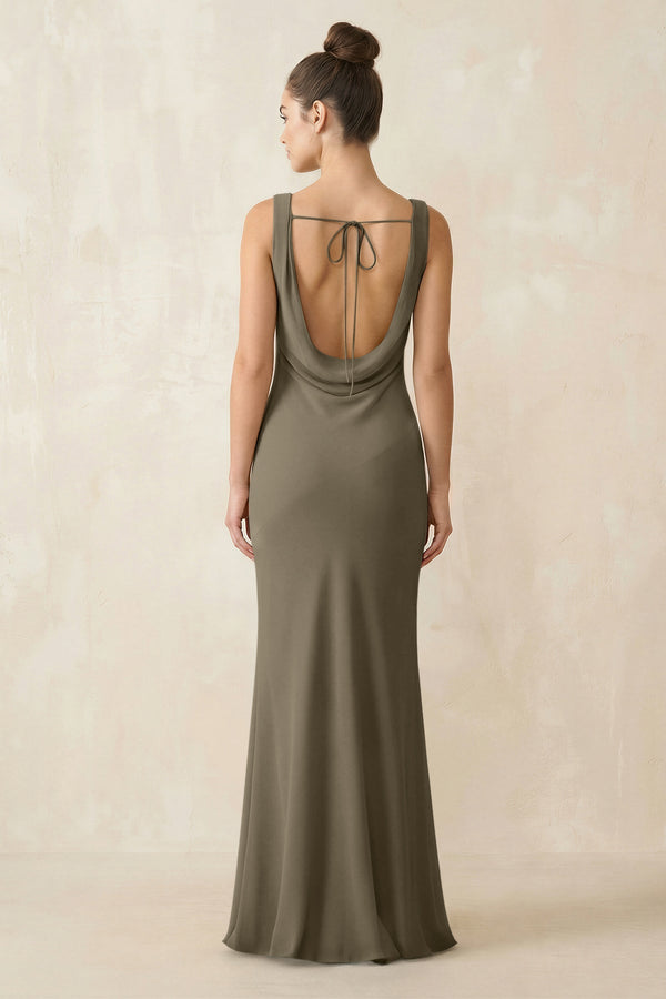Cowl Neck Sheath Chiffon Bridesmaid Dress in Willow Green - KISS BRIDAL Bridesmaid Dresses