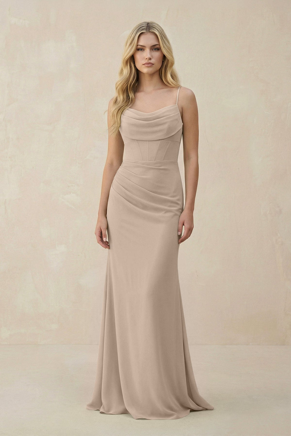 Cowl Neck Sheath Chiffon Bridesmaid Dress with Corset in Almond - KISS BRIDAL Bridesmaid Dresses