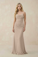 Cowl Neck Sheath Chiffon Bridesmaid Dress with Corset in Almond - SHE IS ME Bridesmaid Dresses