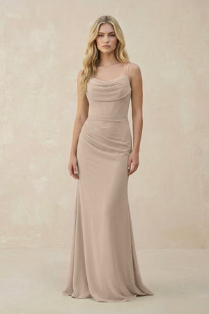 Cowl Neck Sheath Chiffon Bridesmaid Dress with Corset in Almond - SHE IS ME Bridesmaid Dresses