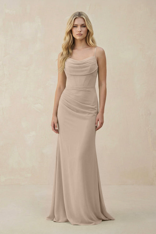 Cowl Neck Sheath Chiffon Bridesmaid Dress with Corset in Almond - SHE IS ME Bridesmaid Dresses