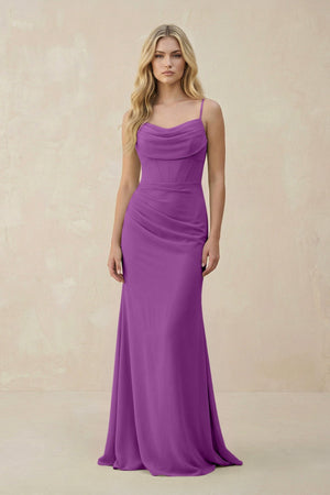 Cowl Neck Sheath Chiffon Bridesmaid Dress with Corset in Amethyst - KISS BRIDAL Bridesmaid Dresses