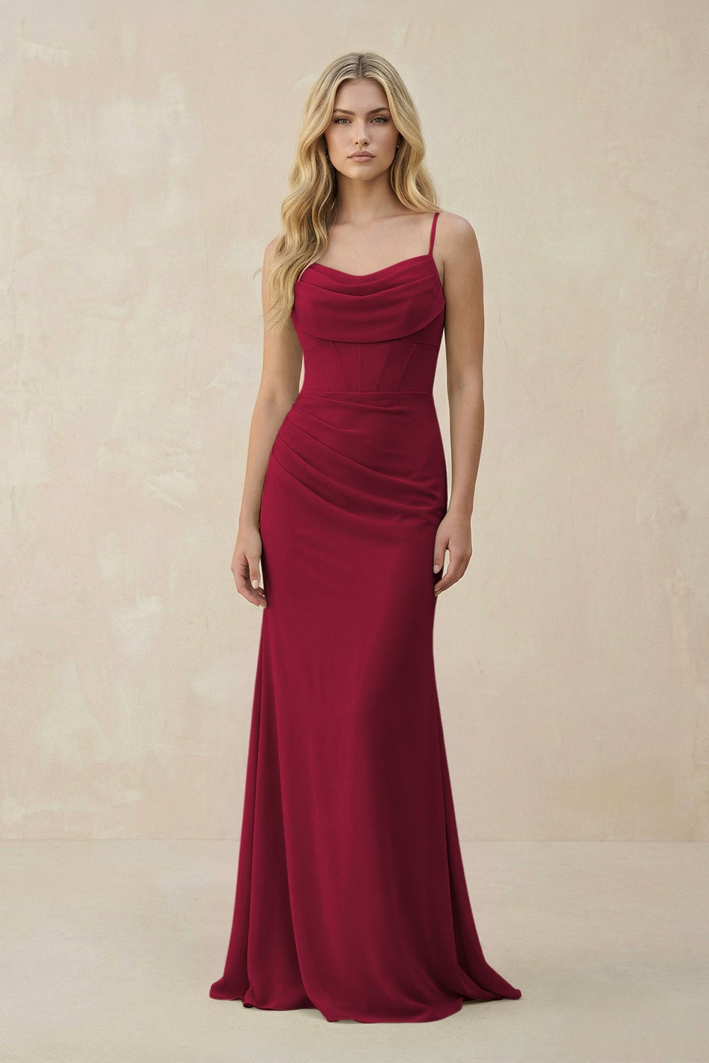 Cowl Neck Sheath Chiffon Bridesmaid Dress with Corset in Berry - KISS BRIDAL Bridesmaid Dresses
