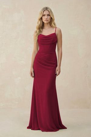 Cowl Neck Sheath Chiffon Bridesmaid Dress with Corset in Berry - KISS BRIDAL Bridesmaid Dresses