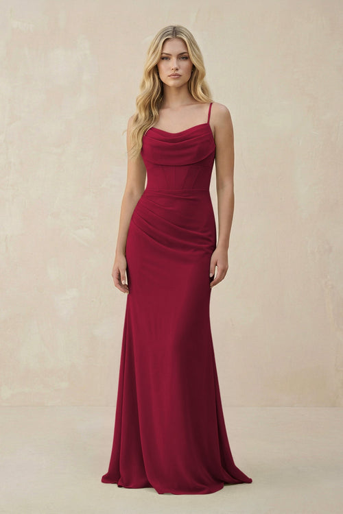 Cowl Neck Sheath Chiffon Bridesmaid Dress with Corset in Berry - KISS BRIDAL Bridesmaid Dresses