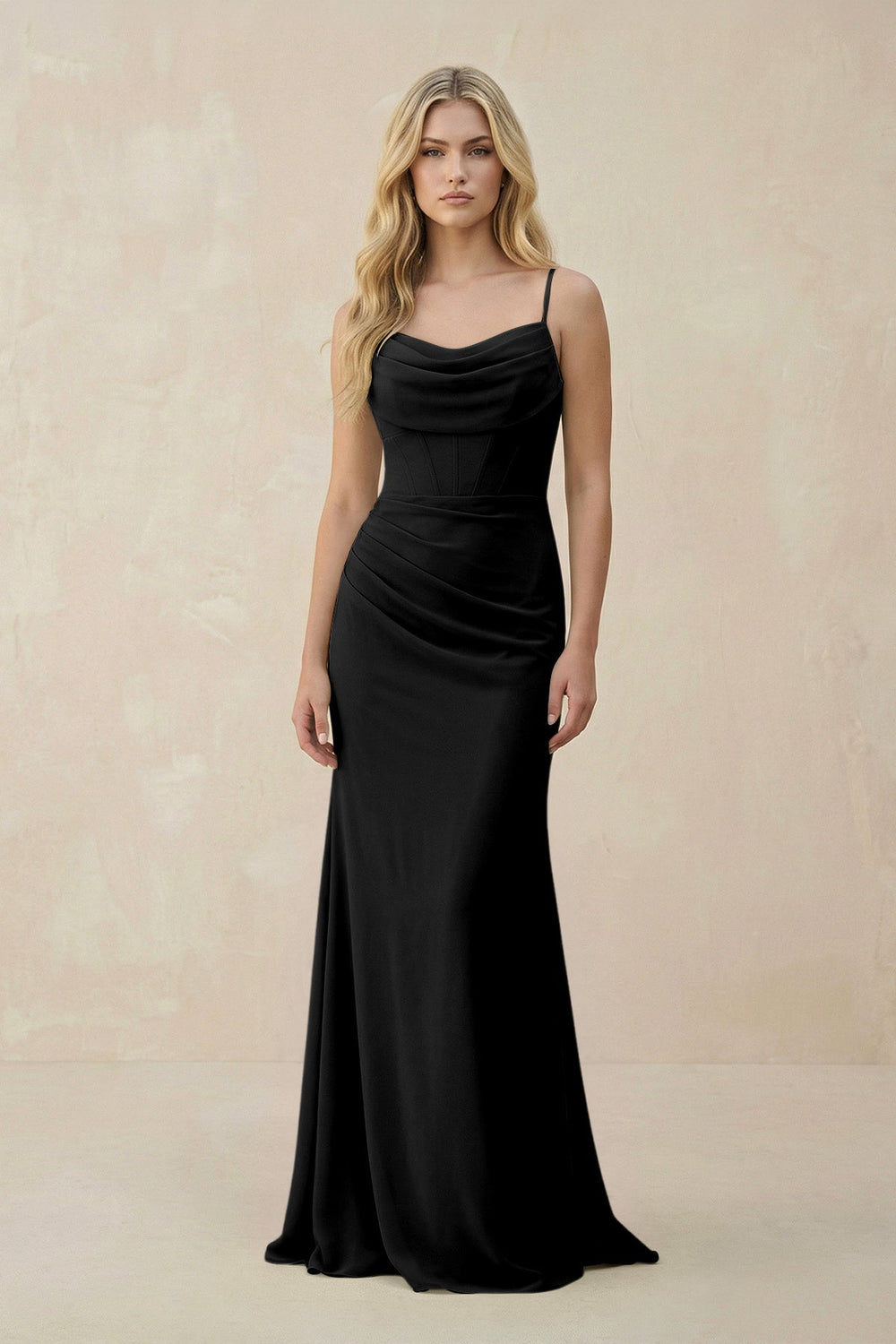 Cowl Neck Sheath Chiffon Bridesmaid Dress with Corset in Black - KISS BRIDAL Bridesmaid Dresses