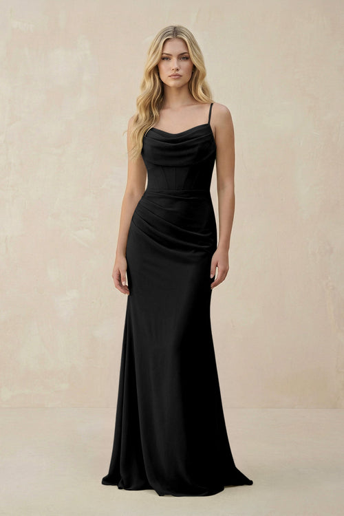 Cowl Neck Sheath Chiffon Bridesmaid Dress with Corset in Black - KISS BRIDAL Bridesmaid Dresses