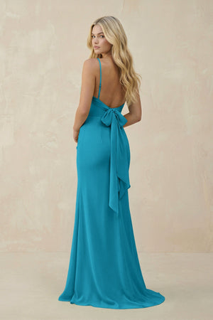 Cowl Neck Sheath Chiffon Bridesmaid Dress with Corset in Blue Jay - SHE IS ME Bridesmaid Dresses