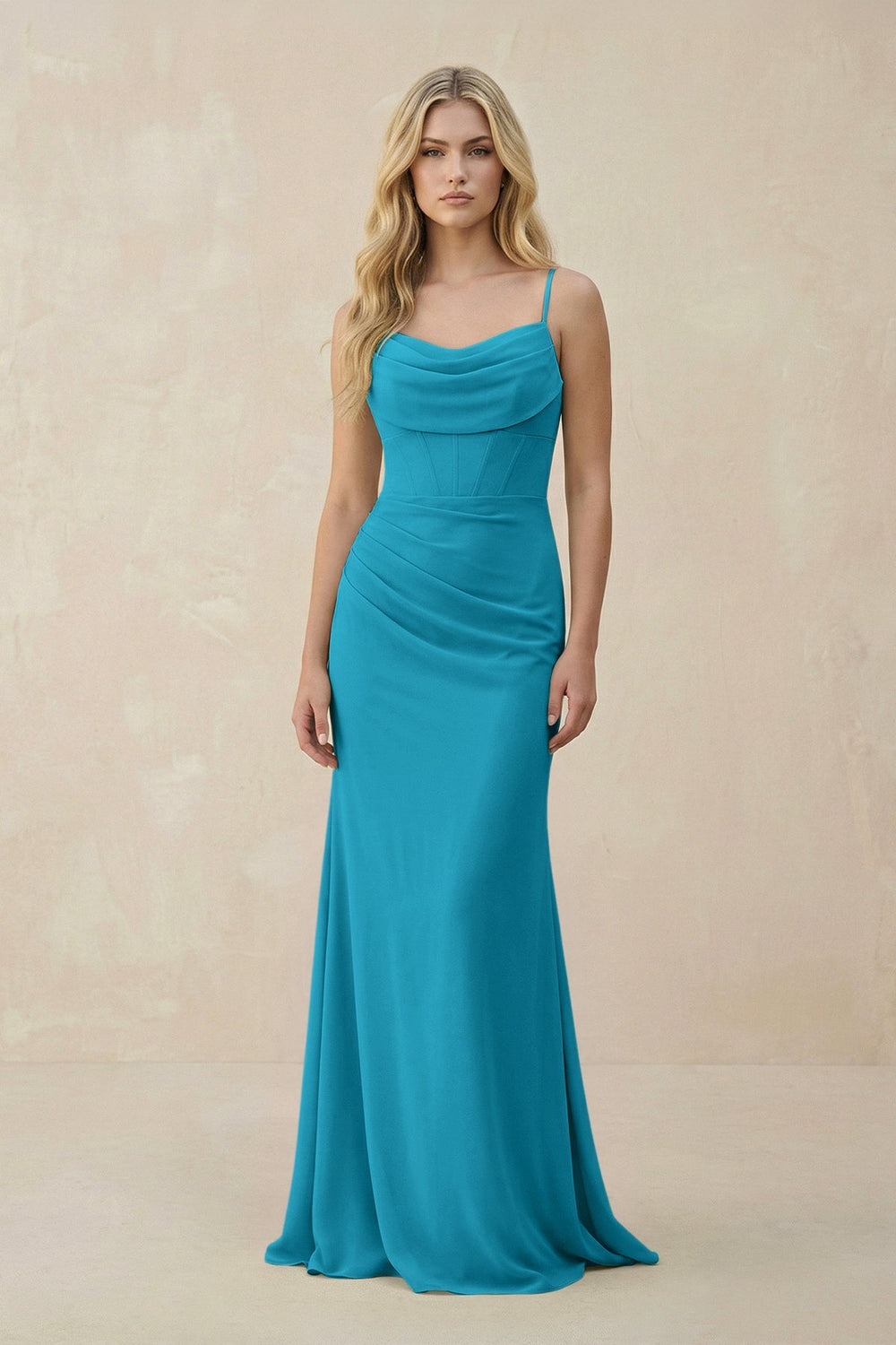 Cowl Neck Sheath Chiffon Bridesmaid Dress with Corset in Blue Jay - KISS BRIDAL Bridesmaid Dresses