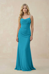 Cowl Neck Sheath Chiffon Bridesmaid Dress with Corset in Blue Jay - KISS BRIDAL Bridesmaid Dresses