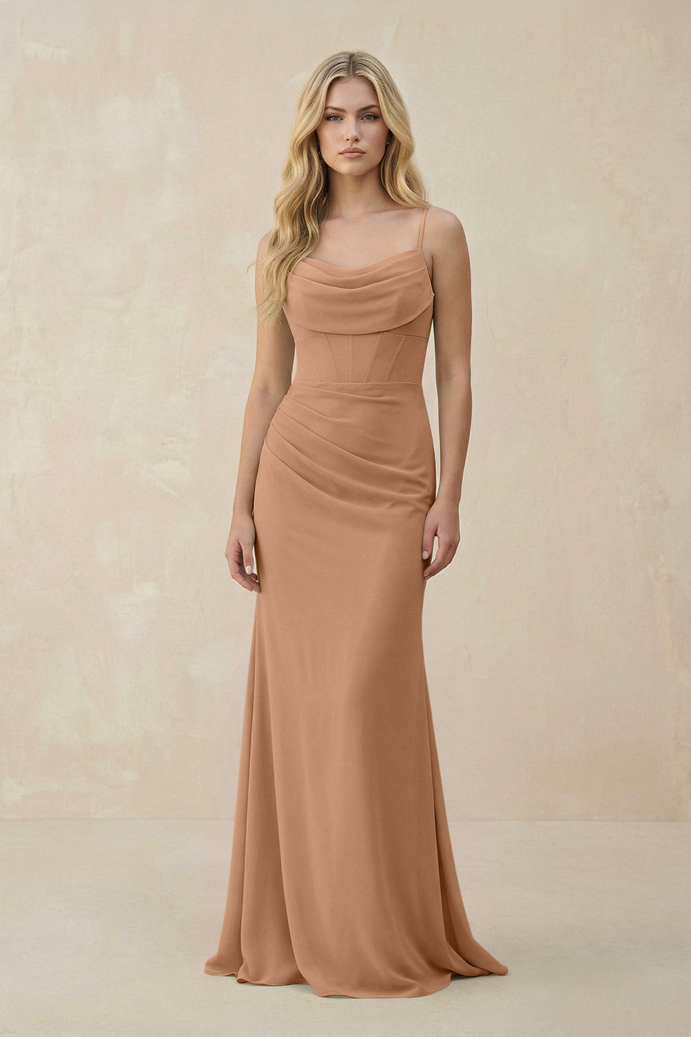 Cowl Neck Sheath Chiffon Bridesmaid Dress with Corset in Bronzer - KISS BRIDAL Bridesmaid Dresses