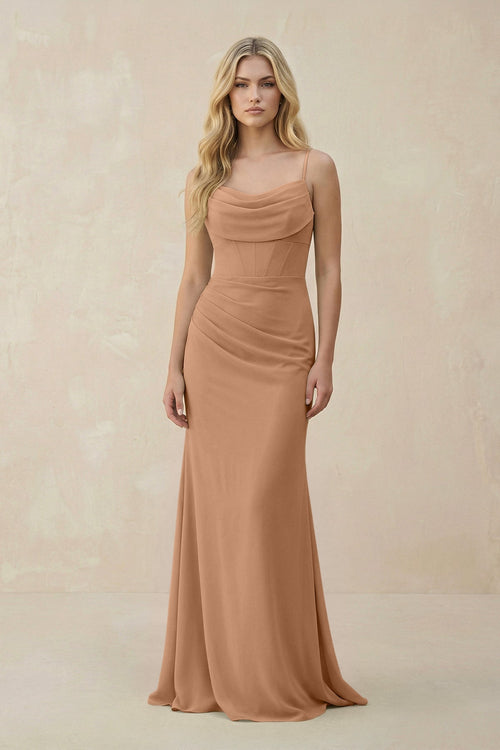 Cowl Neck Sheath Chiffon Bridesmaid Dress with Corset in Bronzer - KISS BRIDAL Bridesmaid Dresses