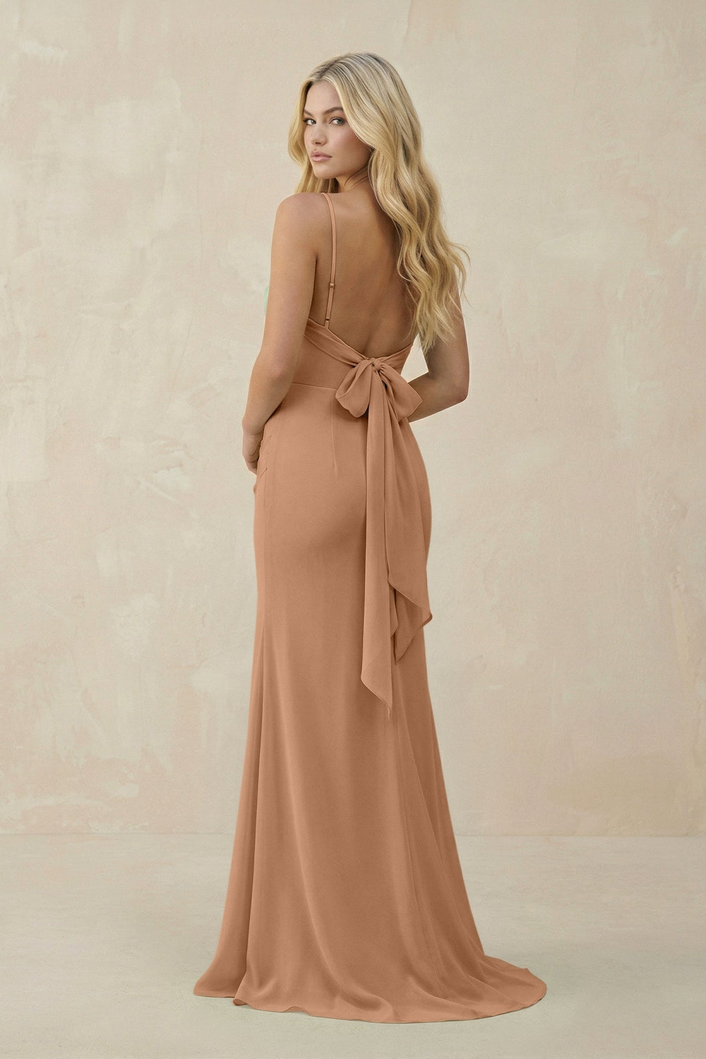 Cowl Neck Sheath Chiffon Bridesmaid Dress with Corset in Bronzer - KISS BRIDAL Bridesmaid Dresses