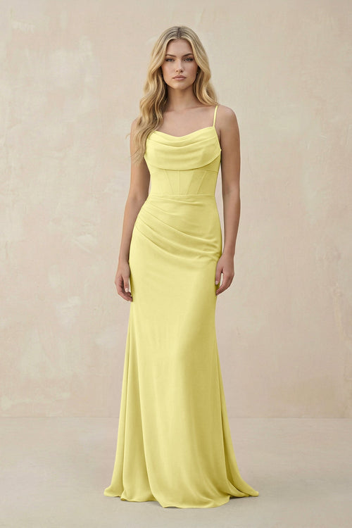 Cowl Neck Sheath Chiffon Bridesmaid Dress with Corset in Buttercup - KISS BRIDAL Bridesmaid Dresses
