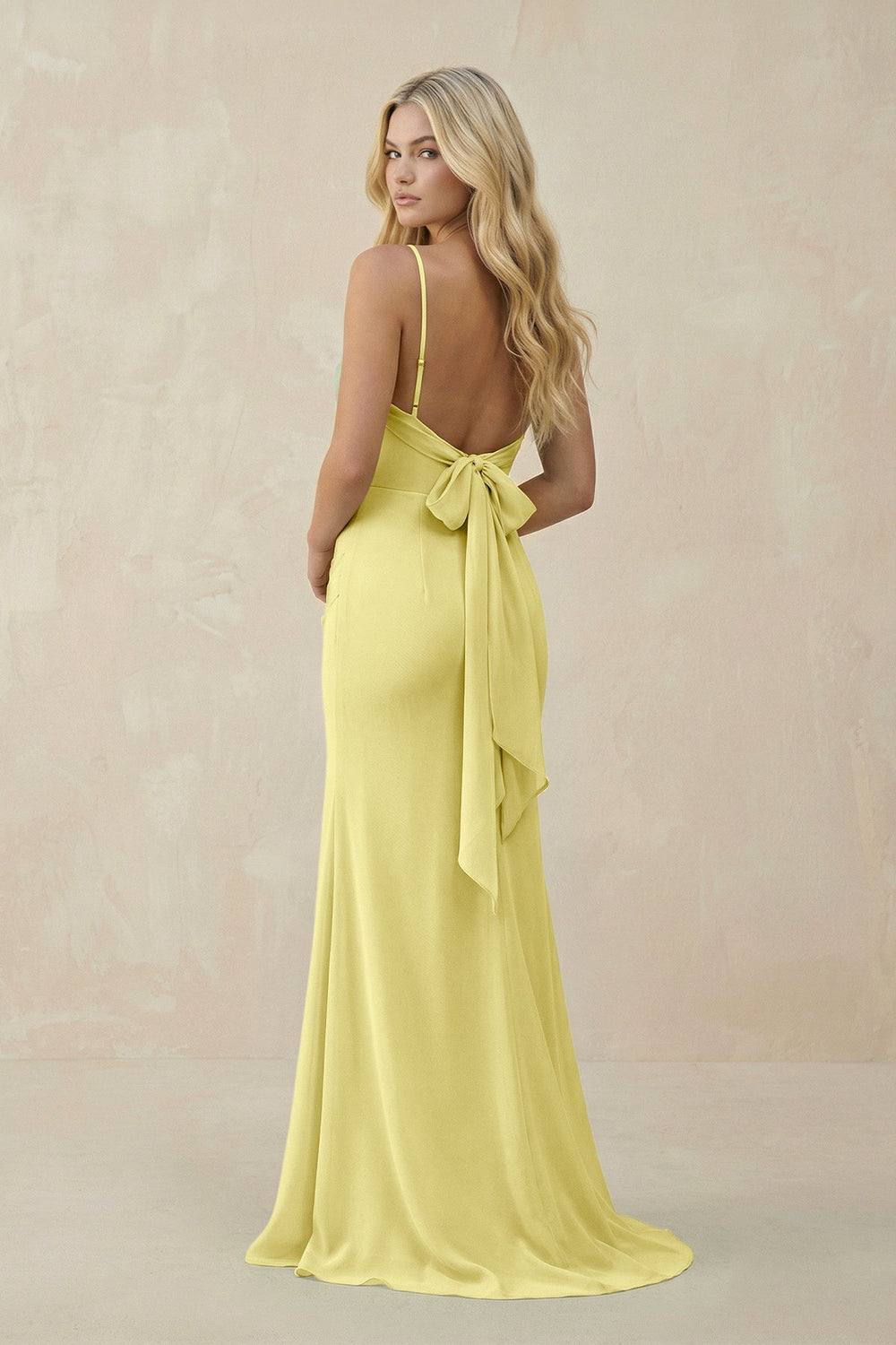 Cowl Neck Sheath Chiffon Bridesmaid Dress with Corset in Buttercup - KISS BRIDAL Bridesmaid Dresses
