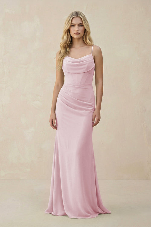 Cowl Neck Sheath Chiffon Bridesmaid Dress with Corset in Candy Pink - KISS BRIDAL Bridesmaid Dresses