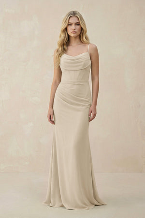 Cowl Neck Sheath Chiffon Bridesmaid Dress with Corset in Champagne - KISS BRIDAL Bridesmaid Dresses