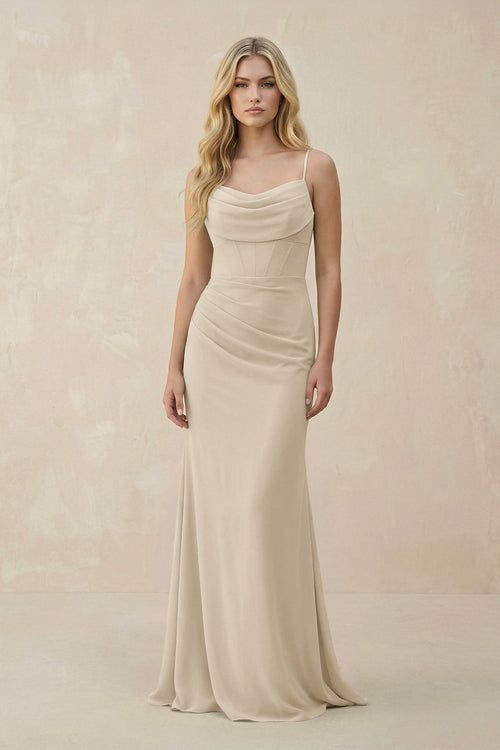 Cowl Neck Sheath Chiffon Bridesmaid Dress with Corset in Champagne - KISS BRIDAL Bridesmaid Dresses