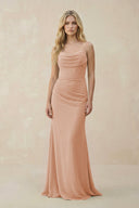 Cowl Neck Sheath Chiffon Bridesmaid Dress with Corset in Champagne Rose - SHE IS ME Bridesmaid Dresses