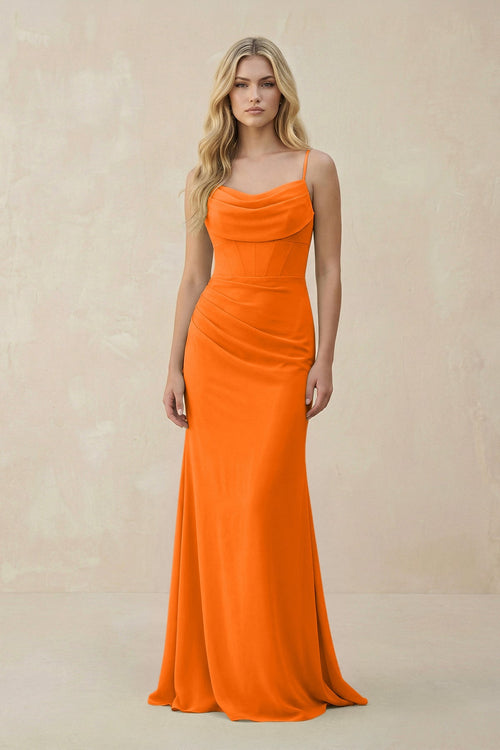 Cowl Neck Sheath Chiffon Bridesmaid Dress with Corset in Cinnamon - SHE IS ME Bridesmaid Dresses