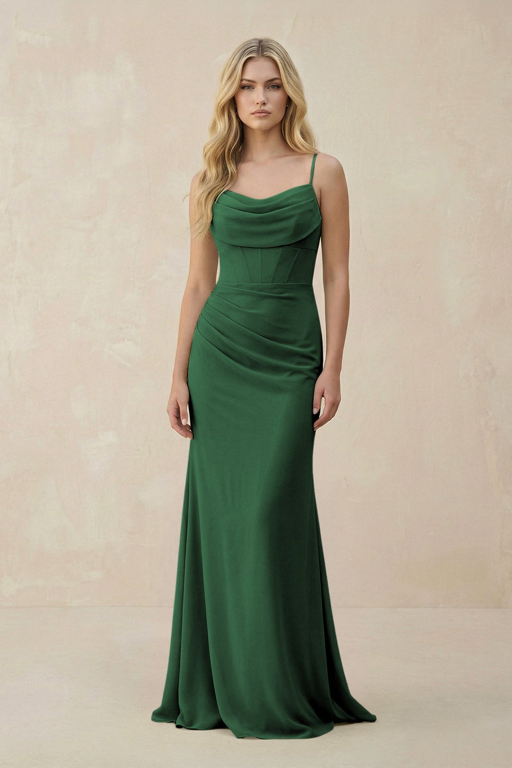 Cowl Neck Sheath Chiffon Bridesmaid Dress with Corset in Dark Green - KISS BRIDAL Bridesmaid Dresses