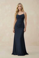 Cowl Neck Sheath Chiffon Bridesmaid Dress with Corset in Dark Navy - KISS BRIDAL Bridesmaid Dresses