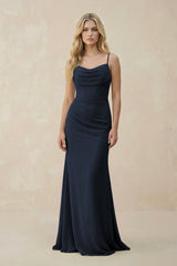 Cowl Neck Sheath Chiffon Bridesmaid Dress with Corset in Dark Navy - KISS BRIDAL Bridesmaid Dresses