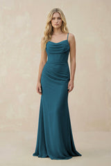 Cowl Neck Sheath Chiffon Bridesmaid Dress with Corset in Dark Teal - KISS BRIDAL Bridesmaid Dresses
