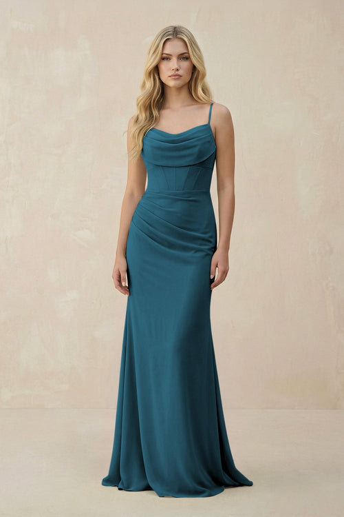 Cowl Neck Sheath Chiffon Bridesmaid Dress with Corset in Dark Teal - KISS BRIDAL Bridesmaid Dresses