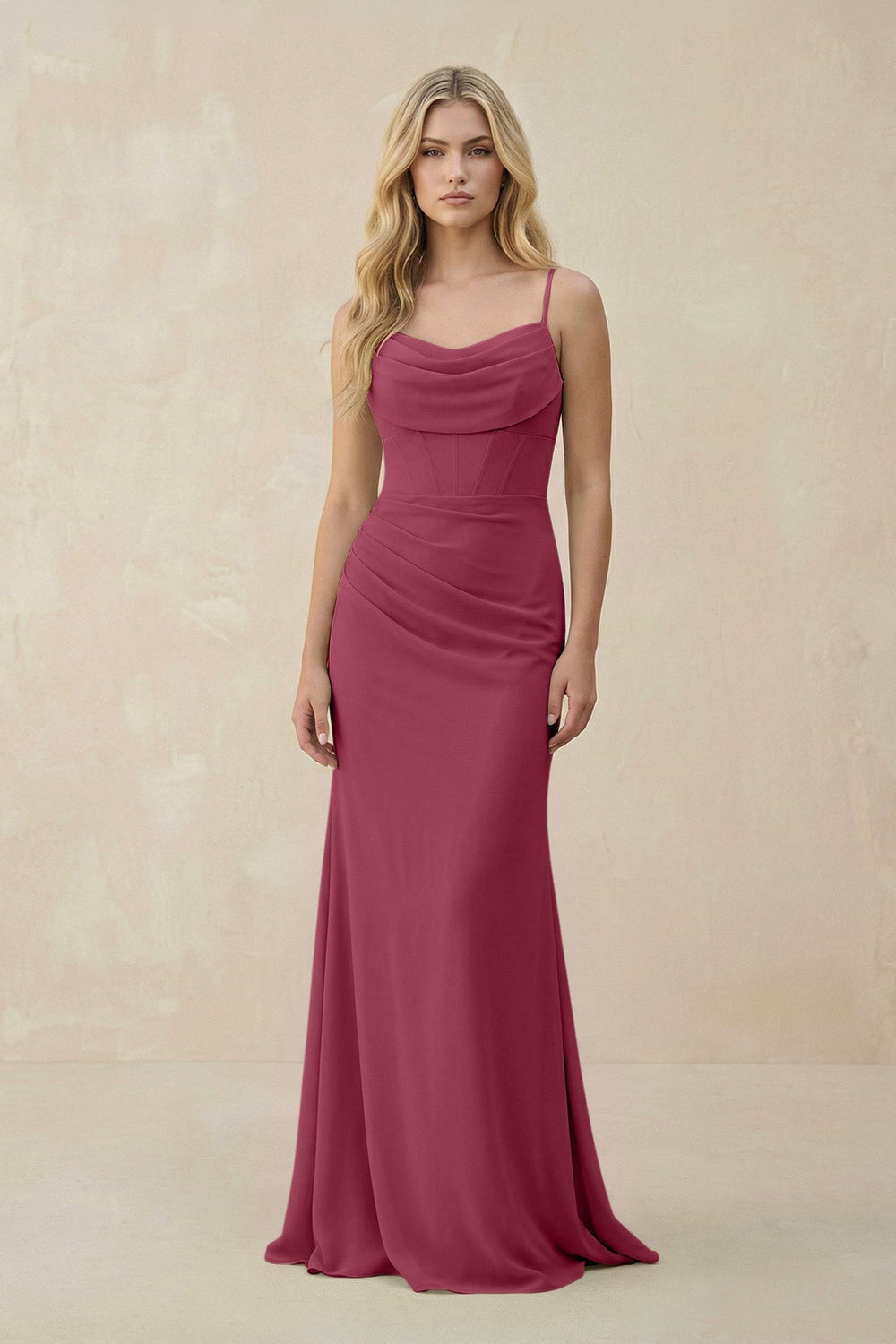 Cowl Neck Sheath Chiffon Bridesmaid Dress with Corset in Desert Rose - KISS BRIDAL Bridesmaid Dresses