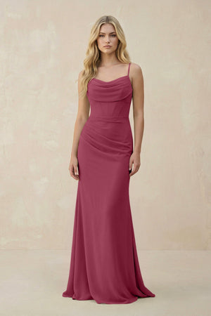 Cowl Neck Sheath Chiffon Bridesmaid Dress with Corset in Desert Rose - KISS BRIDAL Bridesmaid Dresses