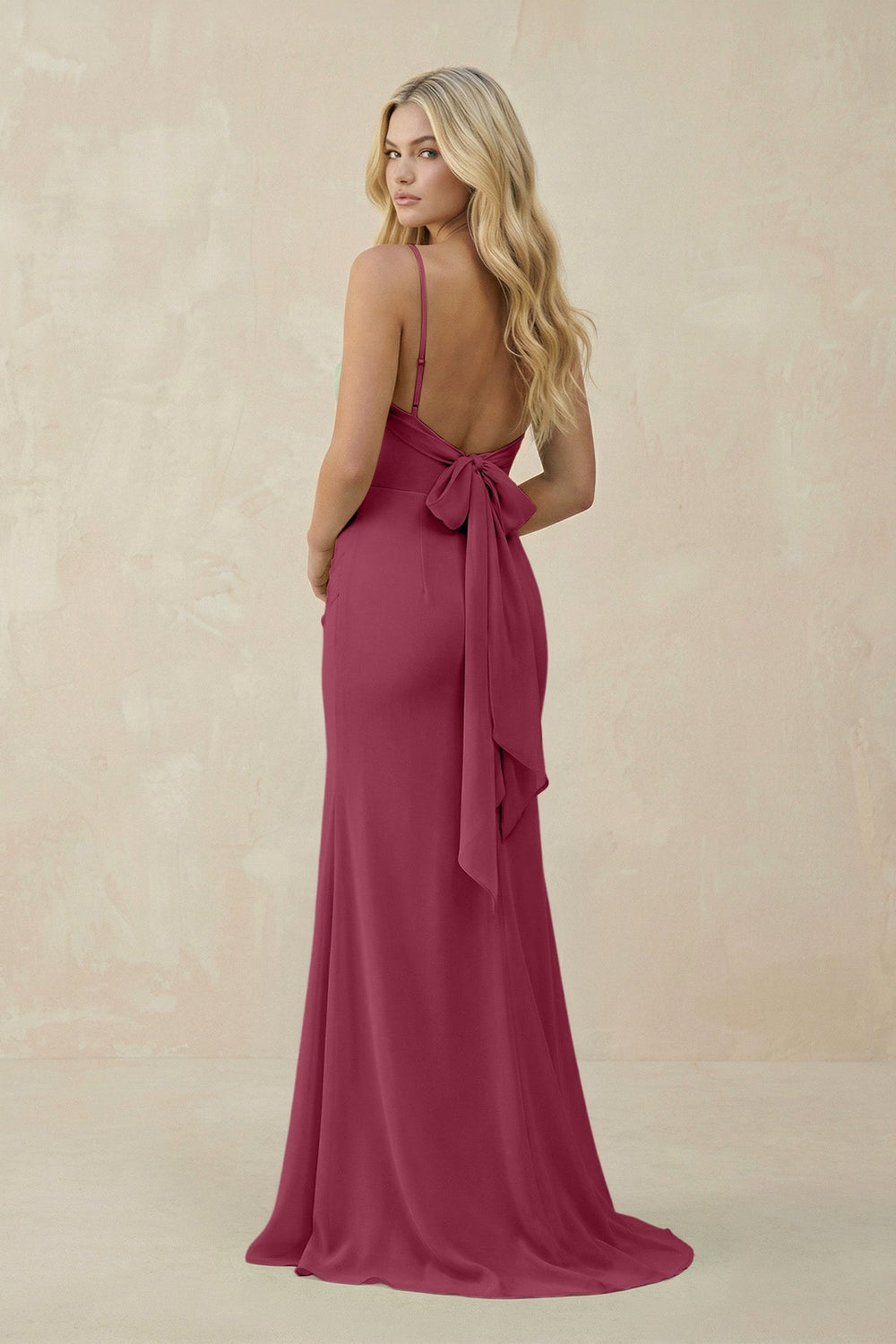 Cowl Neck Sheath Chiffon Bridesmaid Dress with Corset in Desert Rose - KISS BRIDAL Bridesmaid Dresses