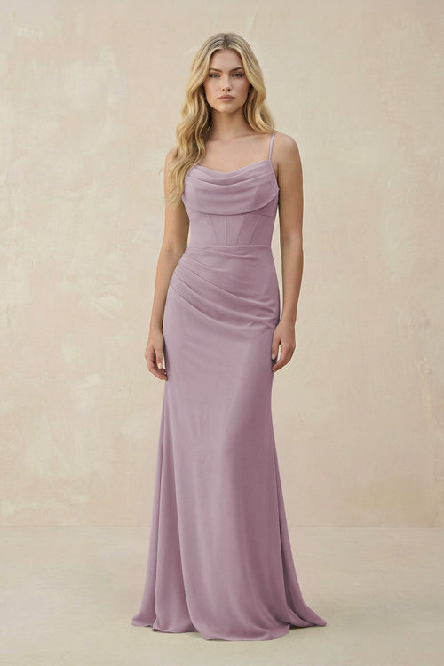 Cowl Neck Sheath Chiffon Bridesmaid Dress with Corset in Dusk - KISS BRIDAL Bridesmaid Dresses