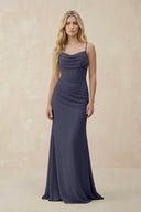 Cowl Neck Sheath Chiffon Bridesmaid Dress with Corset in Dusk Blue - KISS BRIDAL Bridesmaid Dresses