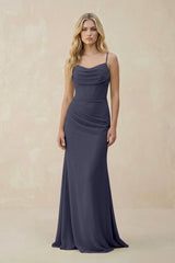 Cowl Neck Sheath Chiffon Bridesmaid Dress with Corset in Dusk Blue - KISS BRIDAL Bridesmaid Dresses