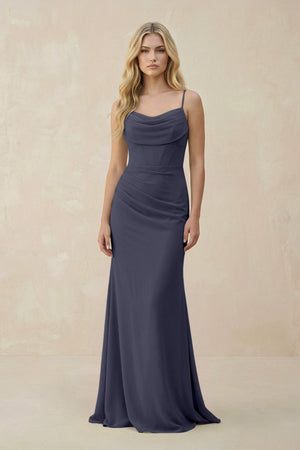 Cowl Neck Sheath Chiffon Bridesmaid Dress with Corset in Dusk Blue - KISS BRIDAL Bridesmaid Dresses