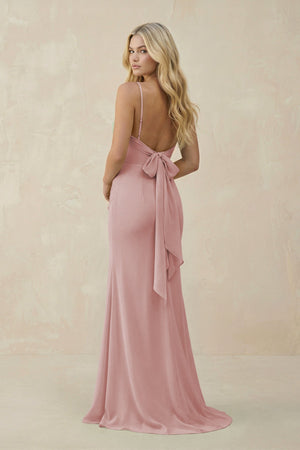 Cowl Neck Sheath Chiffon Bridesmaid Dress with Corset in Dusty Rose - KISS BRIDAL Bridesmaid Dresses
