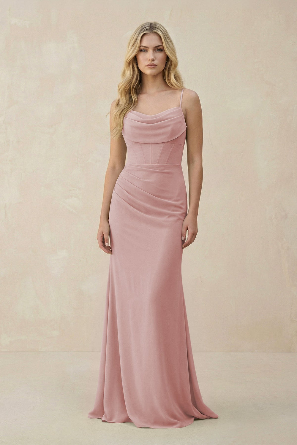 Cowl Neck Sheath Chiffon Bridesmaid Dress with Corset in Dusty Rose - KISS BRIDAL Bridesmaid Dresses