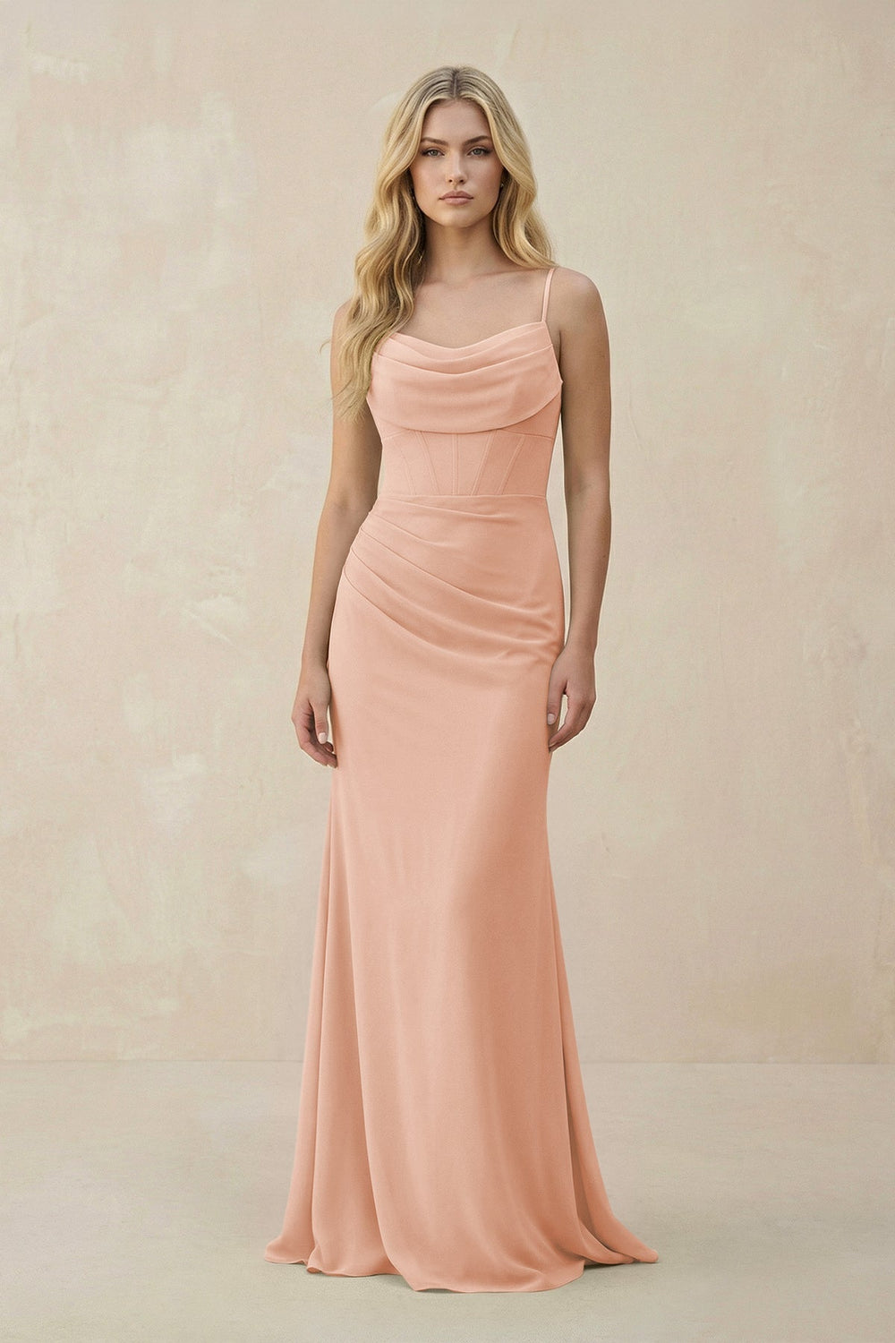 Cowl Neck Sheath Chiffon Bridesmaid Dress with Corset in English Rose - KISS BRIDAL Bridesmaid Dresses