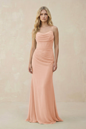 Cowl Neck Sheath Chiffon Bridesmaid Dress with Corset in English Rose - KISS BRIDAL Bridesmaid Dresses