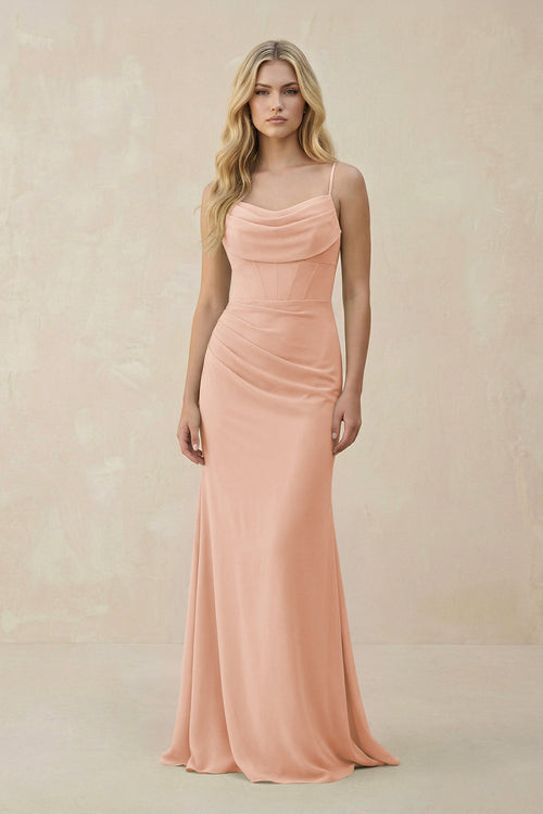 Cowl Neck Sheath Chiffon Bridesmaid Dress with Corset in English Rose - KISS BRIDAL Bridesmaid Dresses