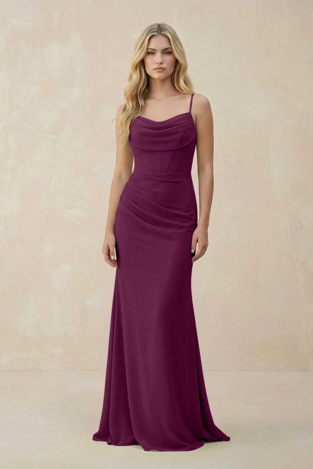 Cowl Neck Sheath Chiffon Bridesmaid Dress with Corset in Fig - KISS BRIDAL Bridesmaid Dresses