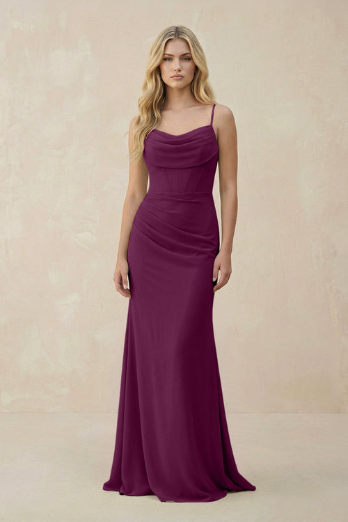 Cowl Neck Sheath Chiffon Bridesmaid Dress with Corset in Fig - KISS BRIDAL Bridesmaid Dresses